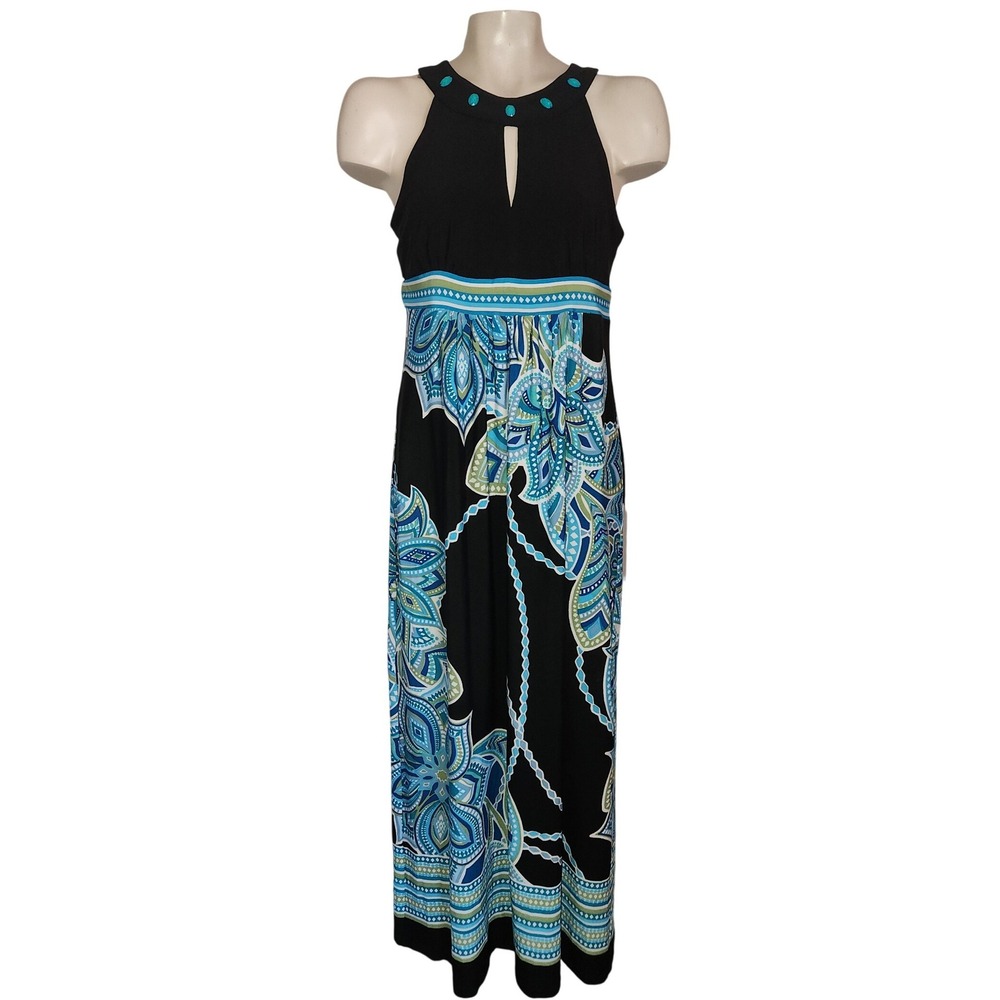 Studio I Petite Black Blue Floral Halter Maxi Dress Turquoise Beaded 6P